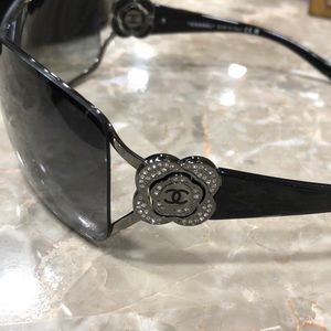 Chanel black sunglasses with rhinestone flowers